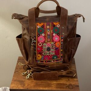 Brown Embroidered Women's convertible leather bag